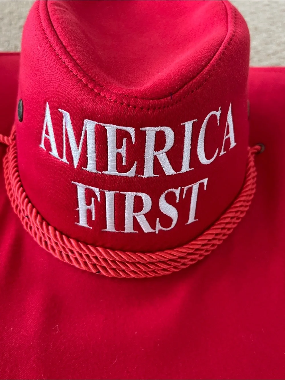 Red Cowboy Hat with Embroidered 'America First' Logo